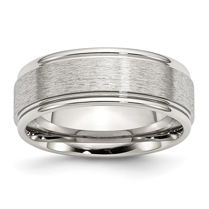 Unisex Fashion Jewelry, Chisel Brand Stainless Steel Grooved Edge 8mm Brushed and Polished Ring Band