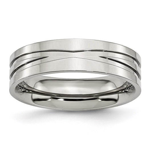 Unisex Fashion Jewelry, Chisel Brand Stainless Steel Grooved 6mm Polished Ring Band