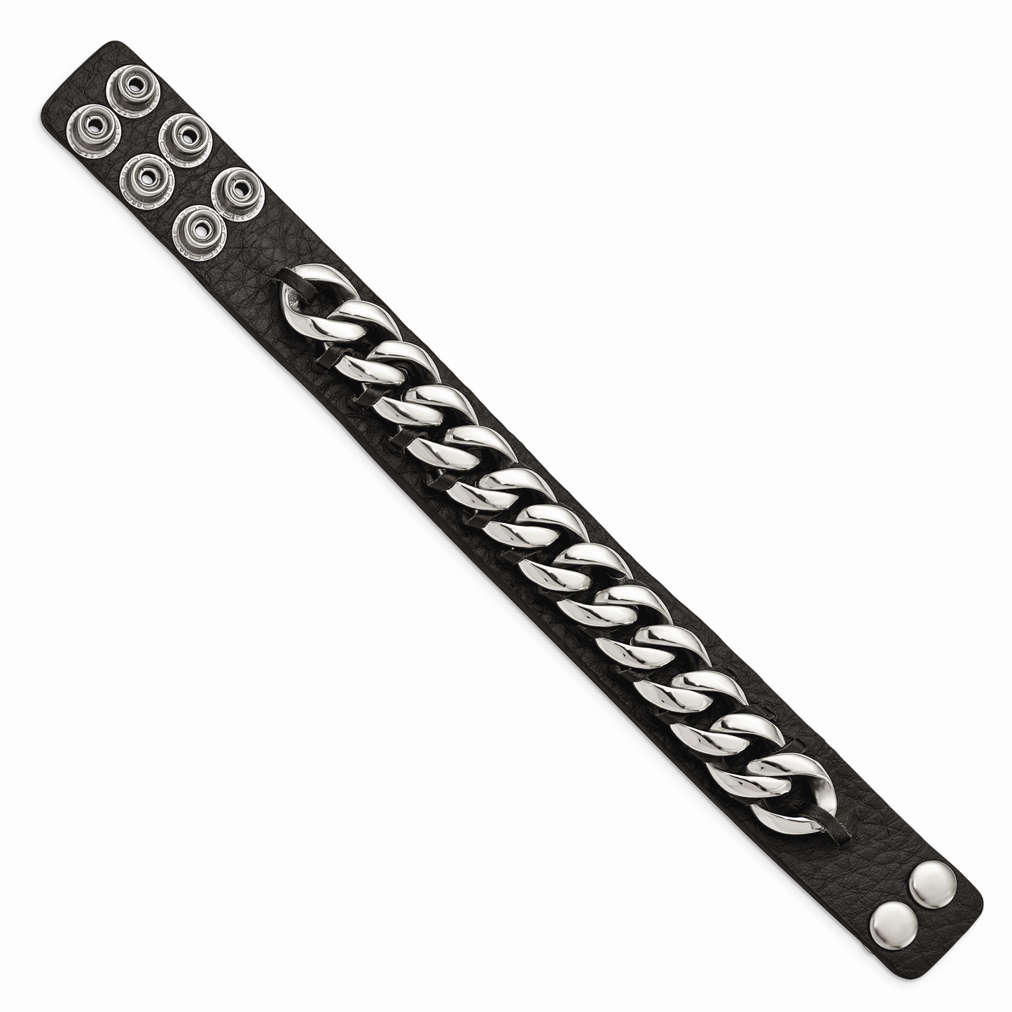 Chisel Brand Jewelry, Stainless Steel Black Leather with Chain 8.5in Bracelet
