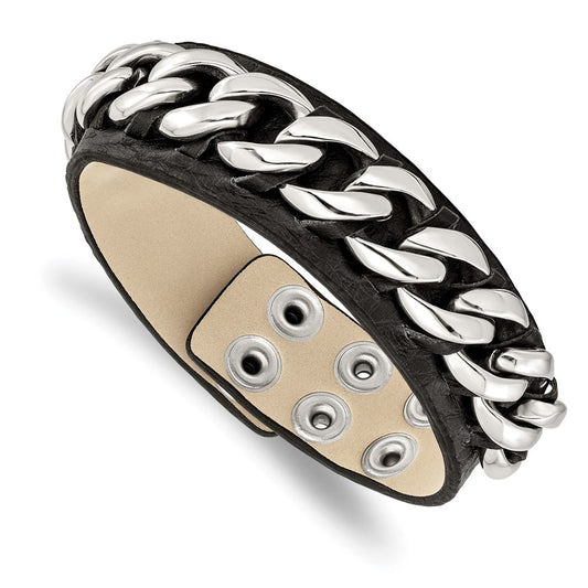 Chisel Brand Jewelry, Stainless Steel Black Leather with Chain 8.5in Bracelet
