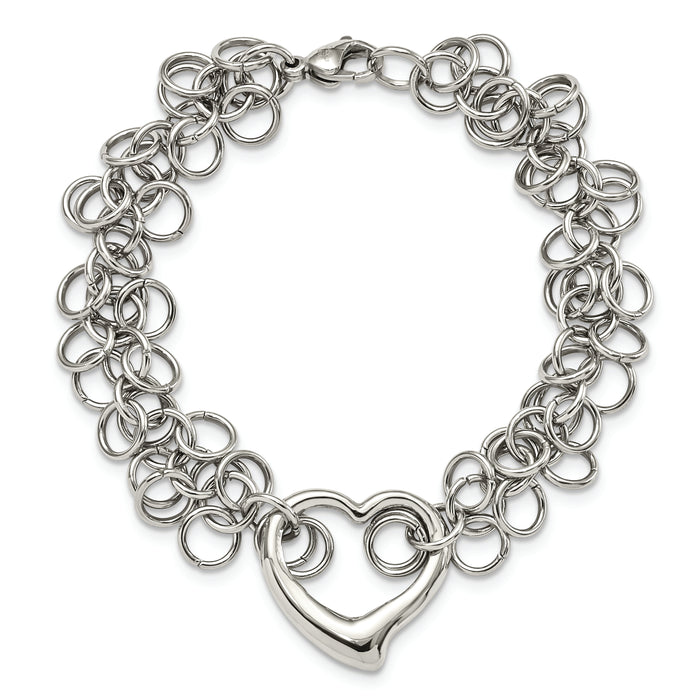 Chisel Brand Jewelry, Stainless Steel Polished Circles with Heart 7.5in Bracelet