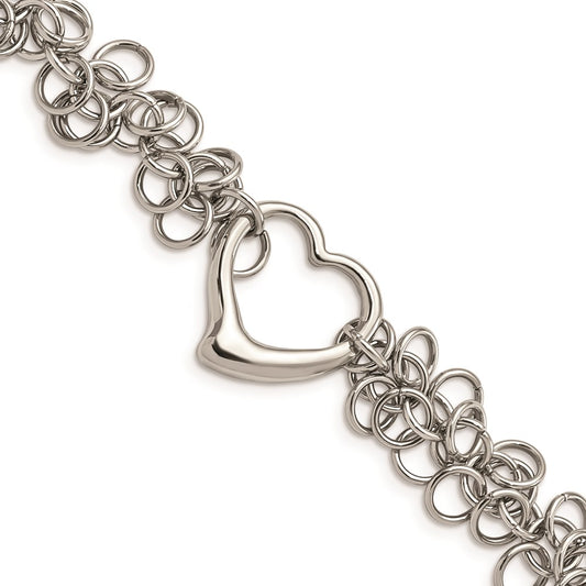 Chisel Brand Jewelry, Stainless Steel Polished Circles with Heart 7.5in Bracelet