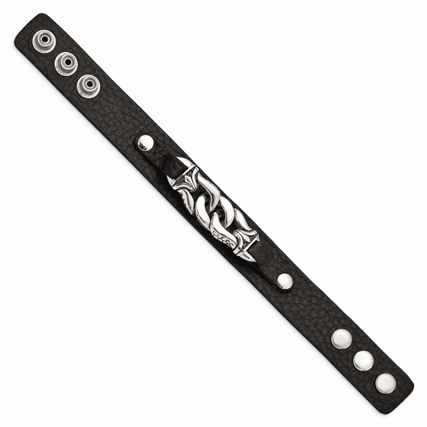 Chisel Brand Jewelry, Stainless Steel Black Leather with Antiqued Chain 8.5in Bracelet