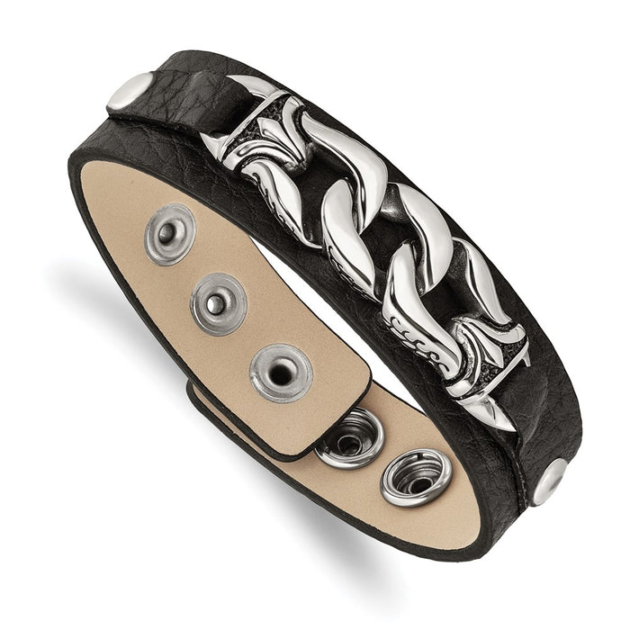 Chisel Brand Jewelry, Stainless Steel Black Leather with Antiqued Chain 8.5in Bracelet