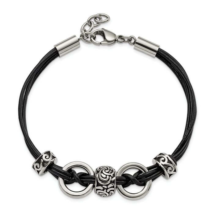 Chisel Brand Jewelry, Stainless Steel Black Leather with Antiqued Beads 8.25in with ext Bracelet
