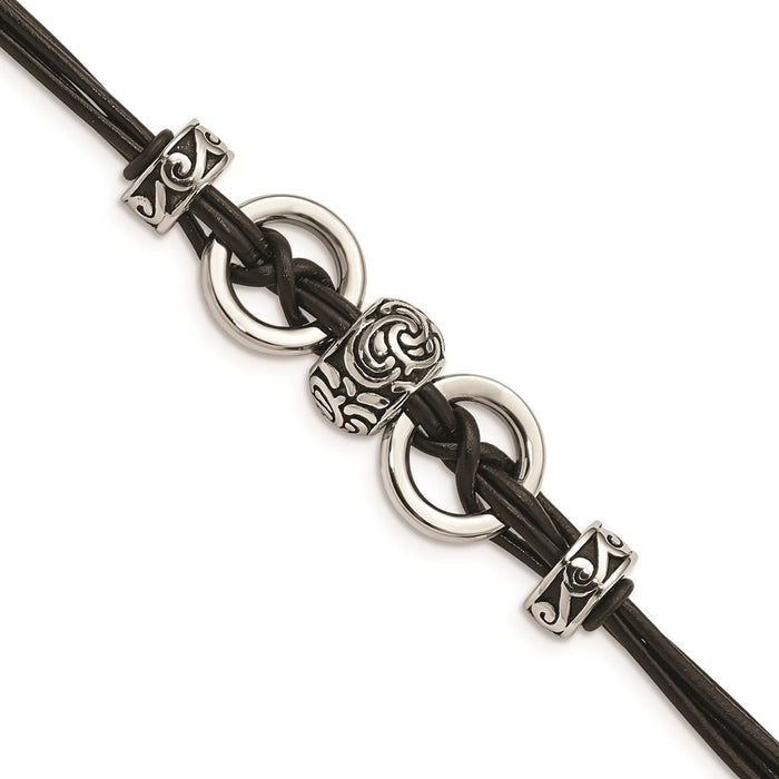 Chisel Brand Jewelry, Stainless Steel Black Leather with Antiqued Beads 8.25in with ext Bracelet