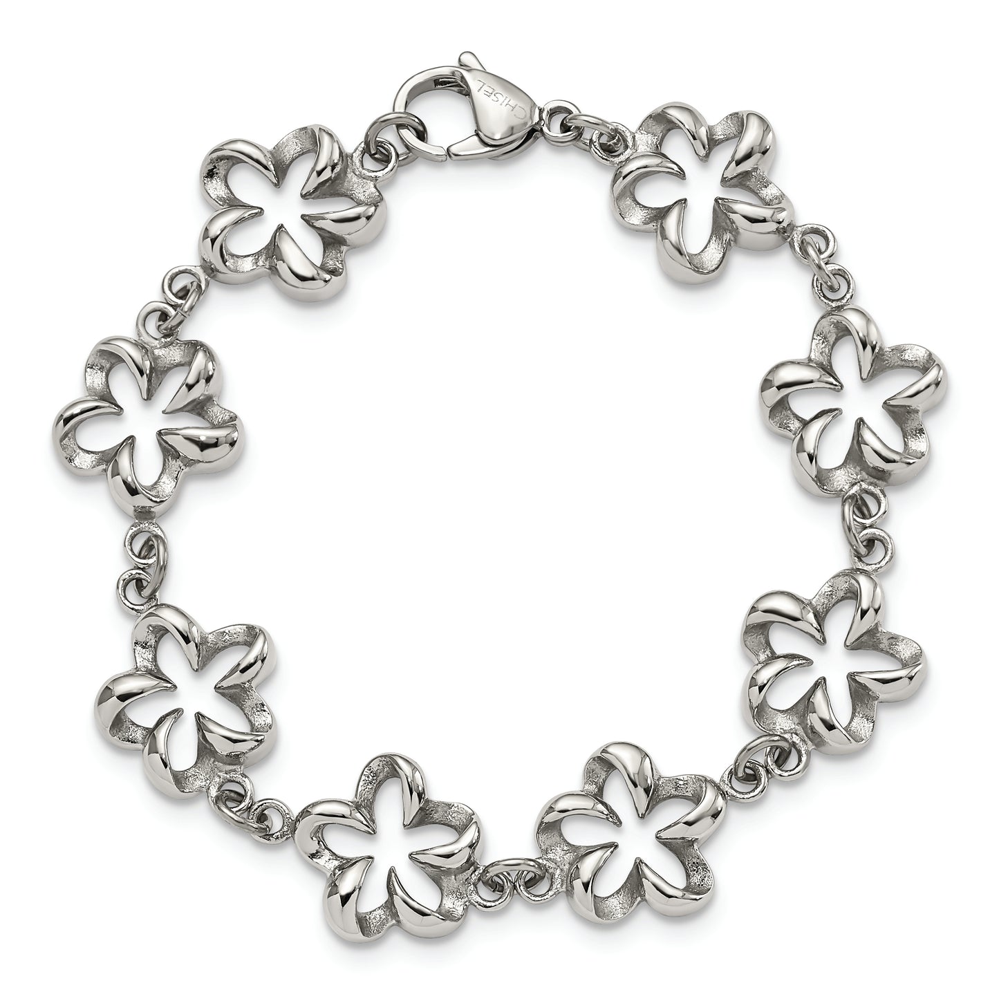 Chisel Brand Jewelry, Stainless Steel Polished Cut-out Flowers 7.5in Bracelet