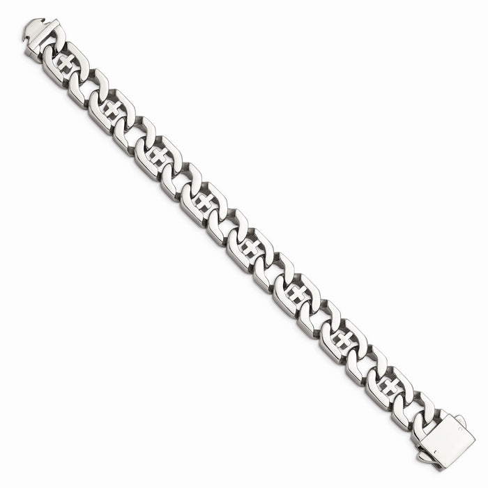 Chisel Brand Jewelry, Stainless Steel Polished Link with Crosses 8.5in Bracelet
