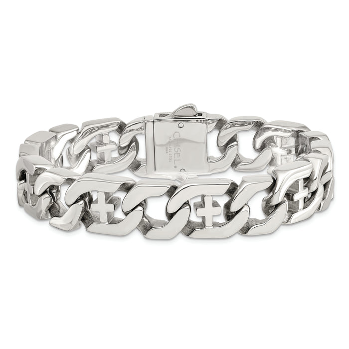 Chisel Brand Jewelry, Stainless Steel Polished Link with Crosses 8.5in Bracelet
