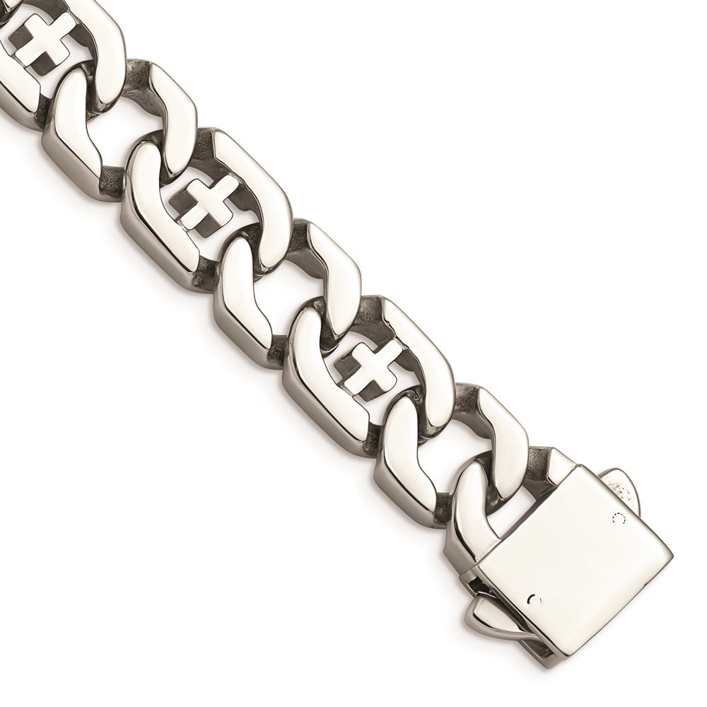 Chisel Brand Jewelry, Stainless Steel Polished Link with Crosses 8.5in Bracelet
