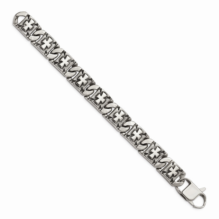 Chisel Brand Jewelry, Stainless Steel Antiqued Links with Crosses Men's Bracelet