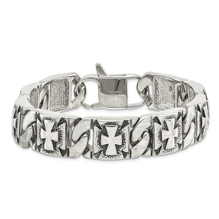 Chisel Brand Jewelry, Stainless Steel Antiqued Links with Crosses Men's Bracelet