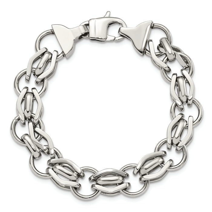 Chisel Brand Jewelry, Stainless Steel Polished Fancy Link 8.75in Bracelet