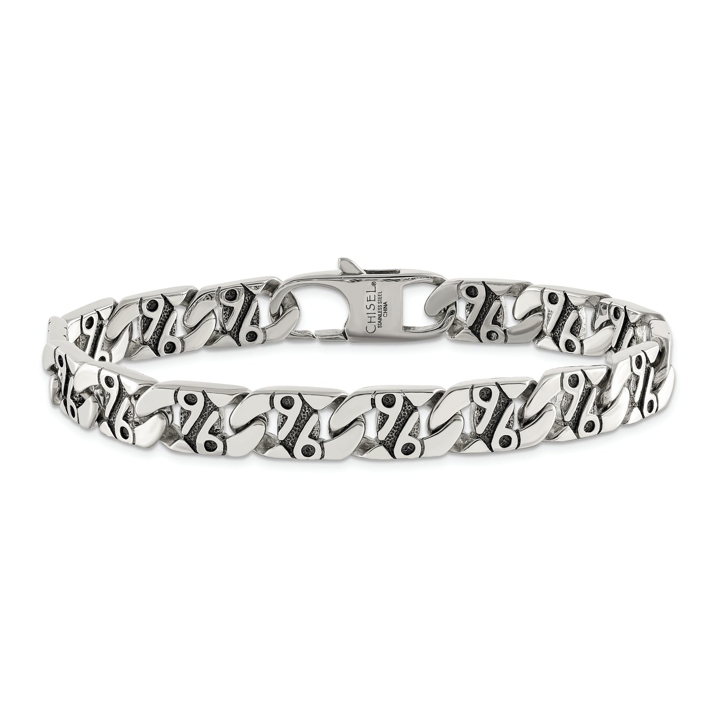 Chisel Brand Jewelry, Stainless Steel Polished & Antiqued Links 8.75in Bracelet