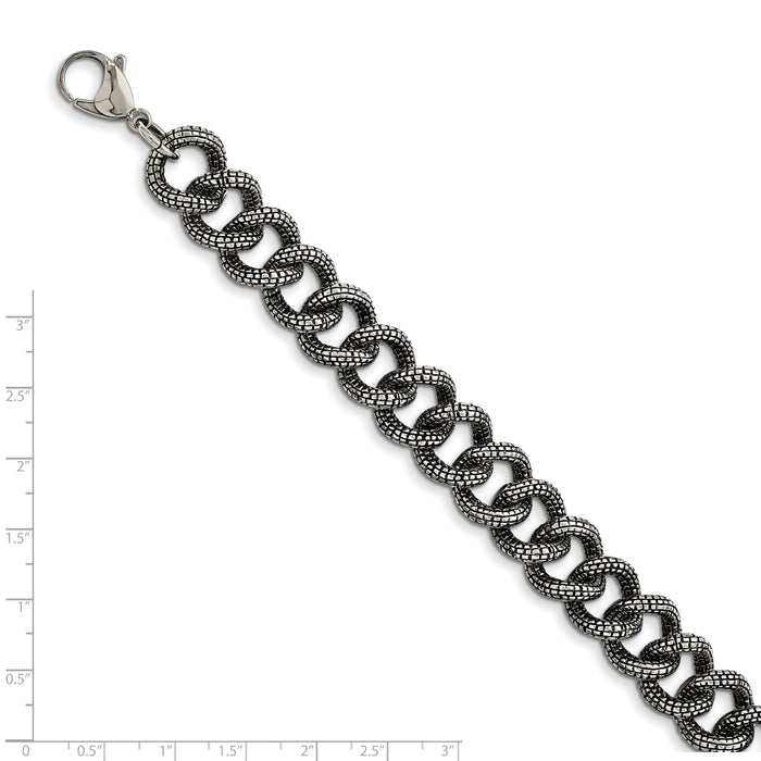 Chisel Brand Jewelry, Stainless Steel Antiqued & Textured Links 8.5in Bracelet