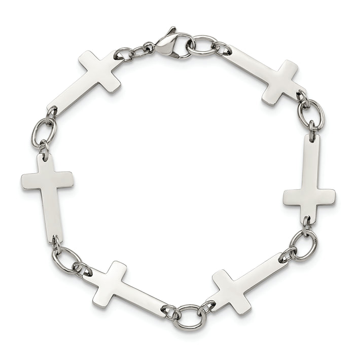 Chisel Brand Jewelry, Stainless Steel Polished Sideways Cross 8in Bracelet
