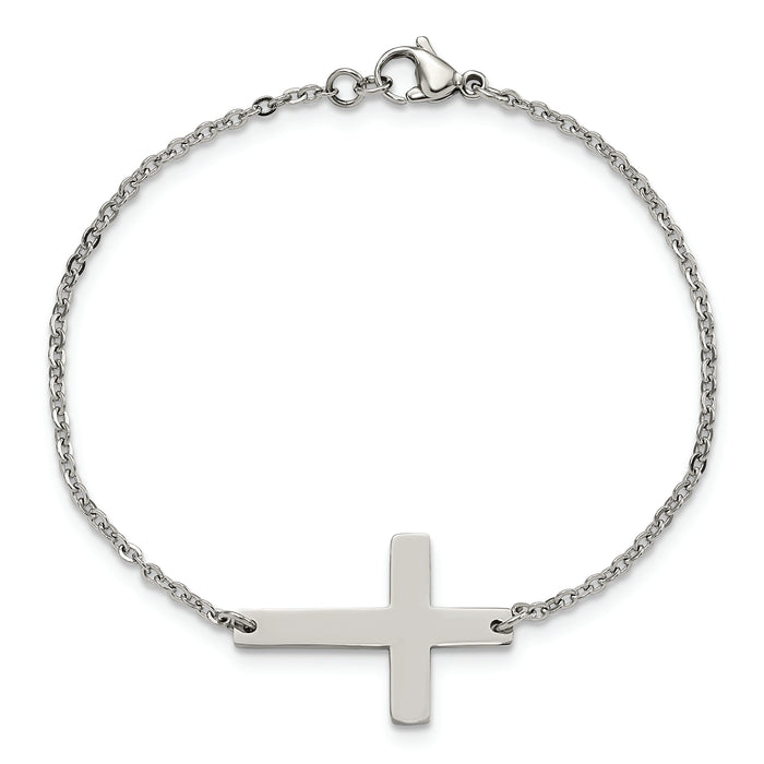 Chisel Brand Jewelry, Stainless Steel Polished Sideways Cross 7.25in Bracelet