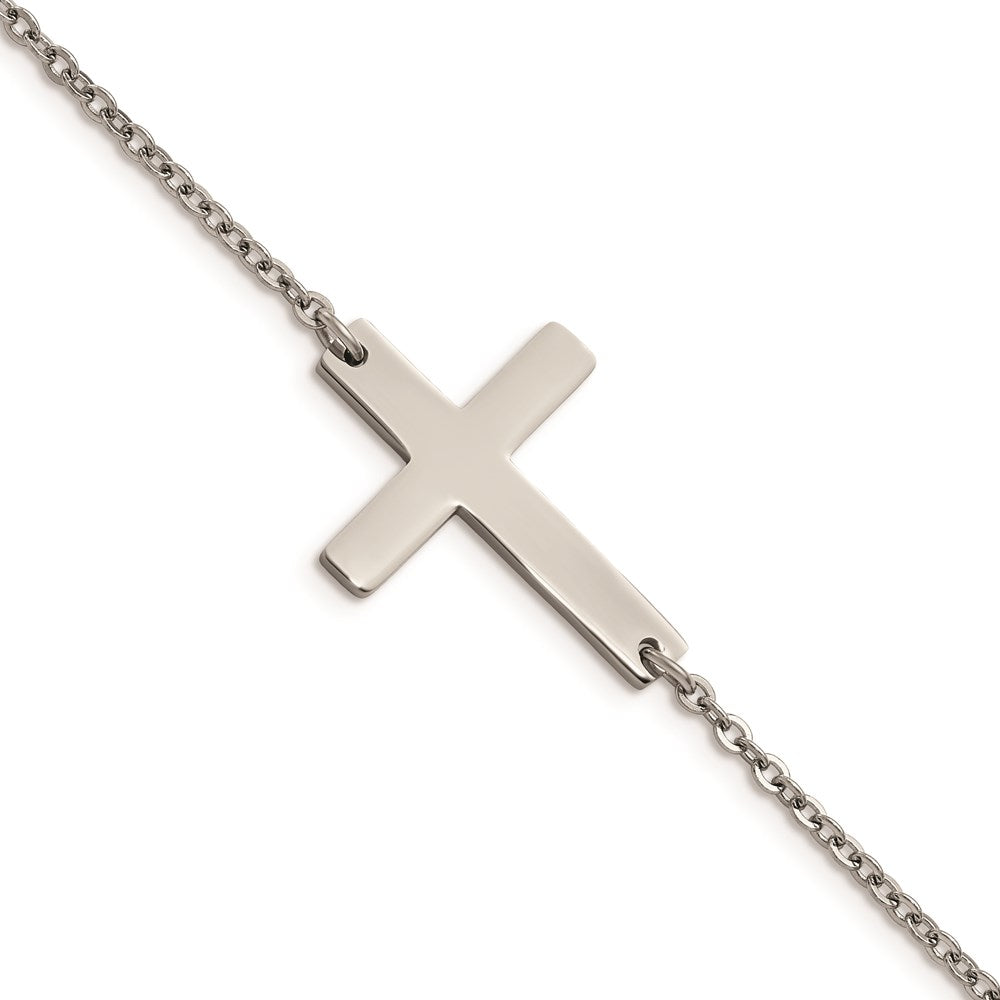 Chisel Brand Jewelry, Stainless Steel Polished Sideways Cross 7.25in Bracelet
