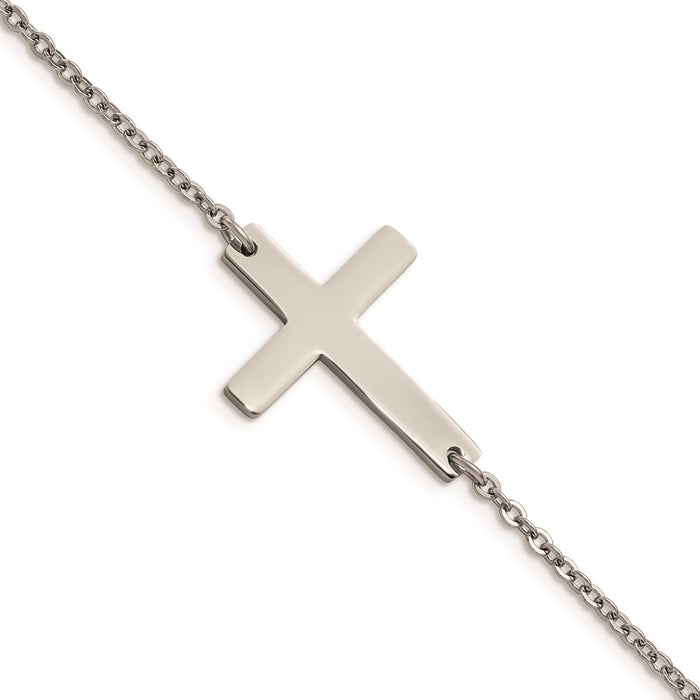 Chisel Brand Jewelry, Stainless Steel Polished Sideways Cross 7.25in Bracelet