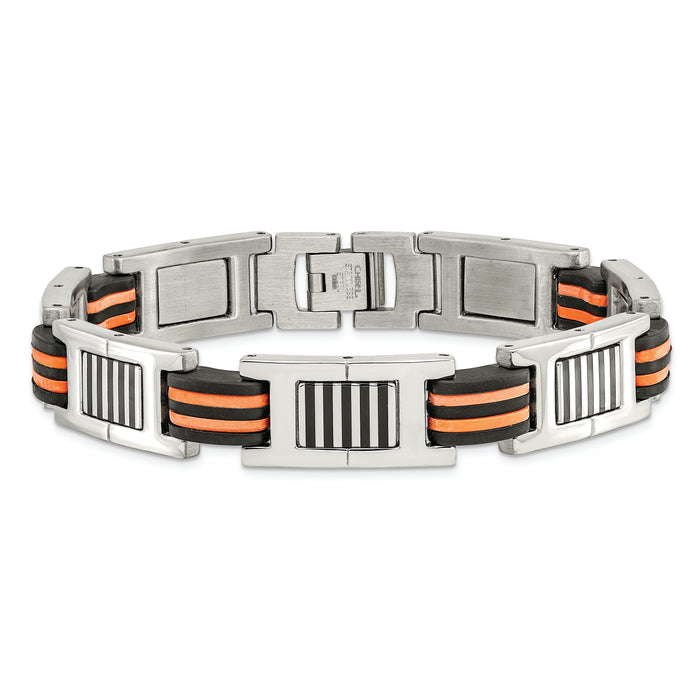 Chisel Brand Jewelry, Stainless Steel Orange and Black Rubber Polished Men's Bracelet