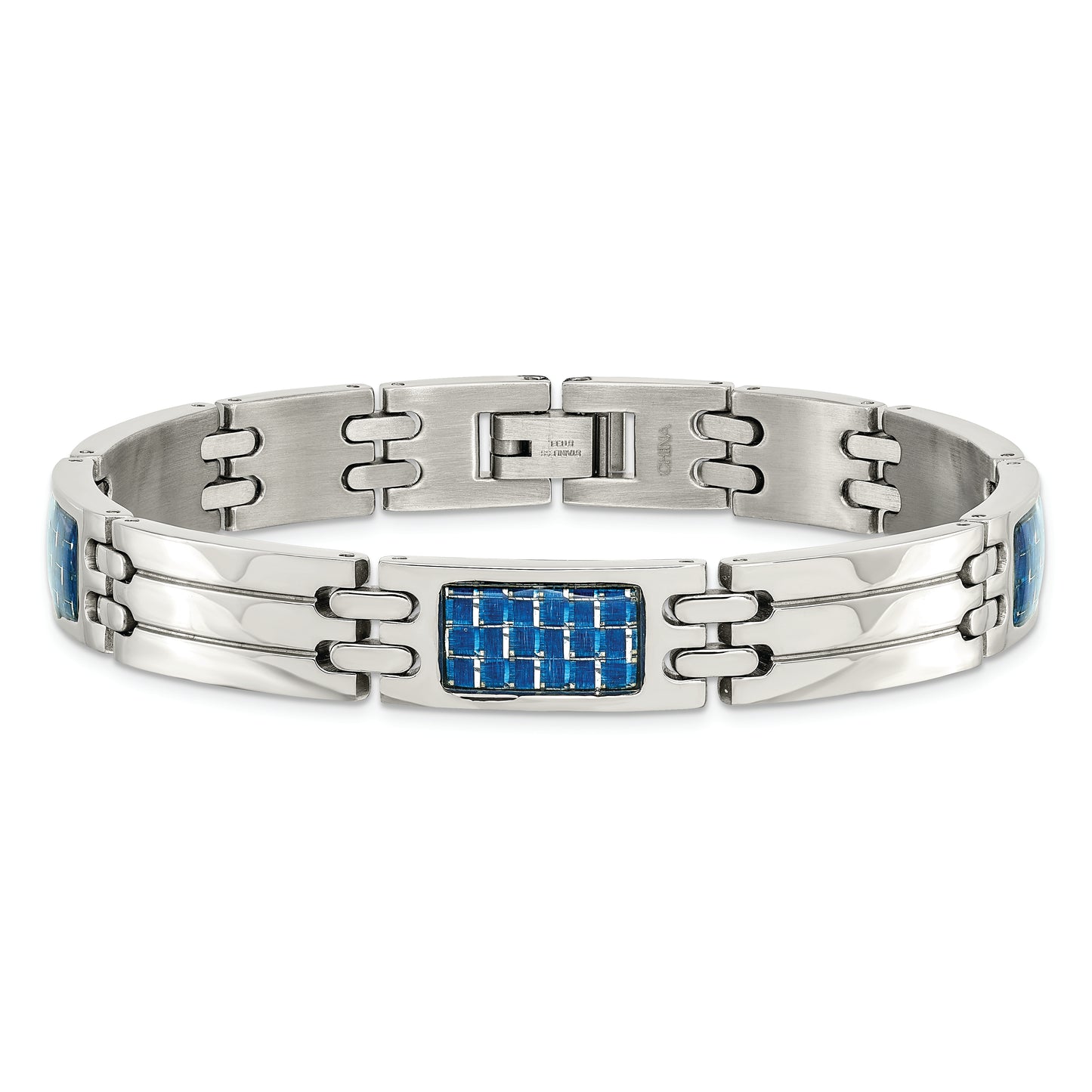 Chisel Brand Jewelry, Stainless Steel Blue Carbon Fiber Inlay Polished Men's Bracelet