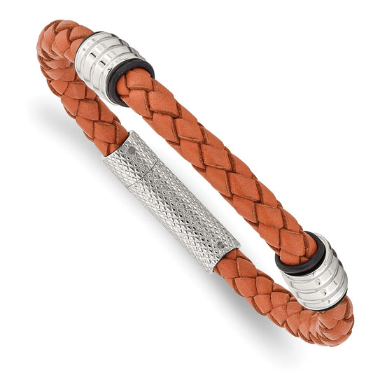 Chisel Brand Jewelry, Stainless Steel Polished Orange Leather Men's Bracelet