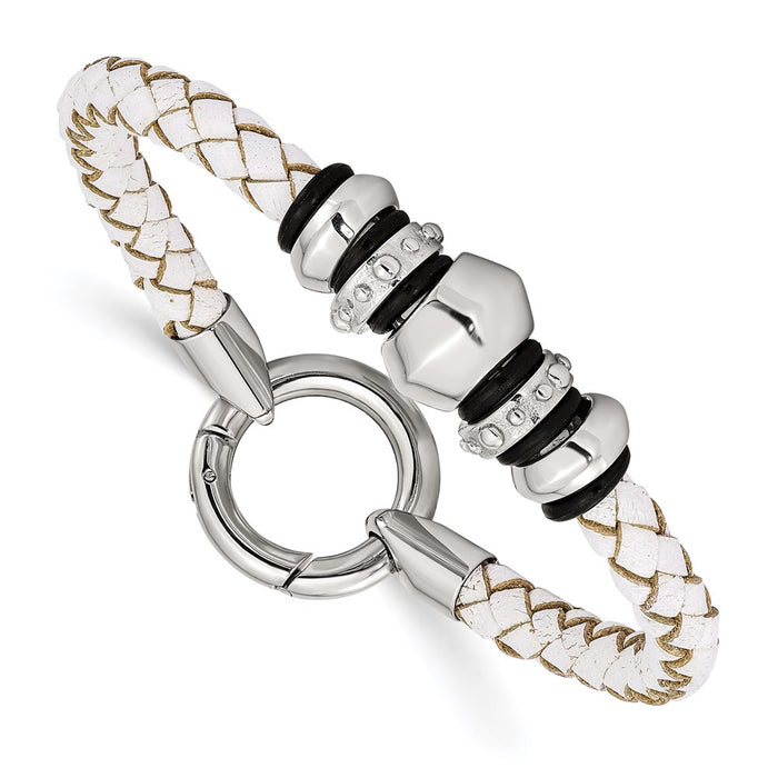 Chisel Brand Jewelry, Stainless Steel Polished White Leather Black Rubber Men's Bracelet