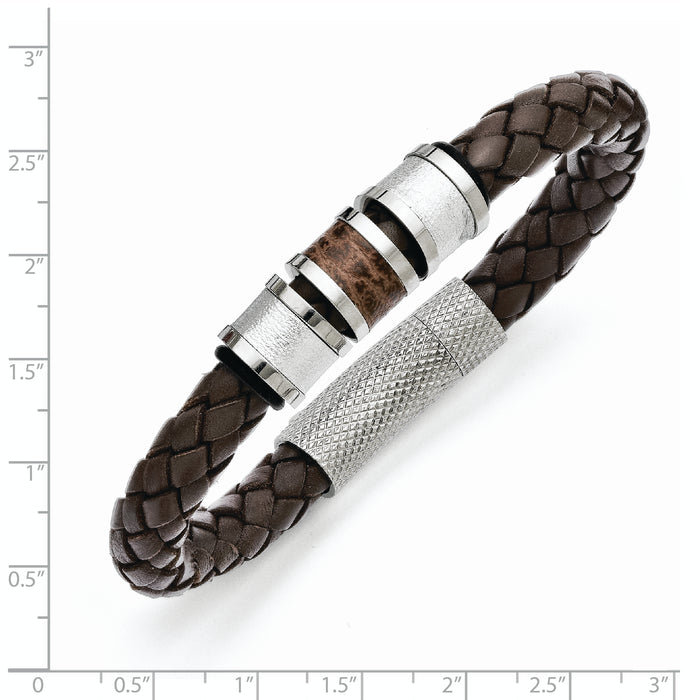 Chisel Brand Jewelry, Stainless Steel Polished Brown Leather Black Rubber Men's Bracelet