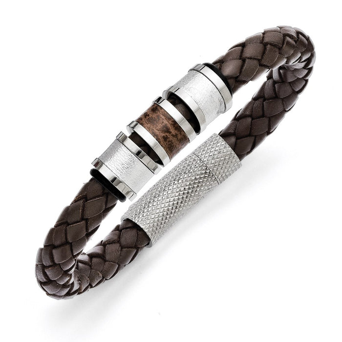Chisel Brand Jewelry, Stainless Steel Polished Brown Leather Black Rubber Men's Bracelet