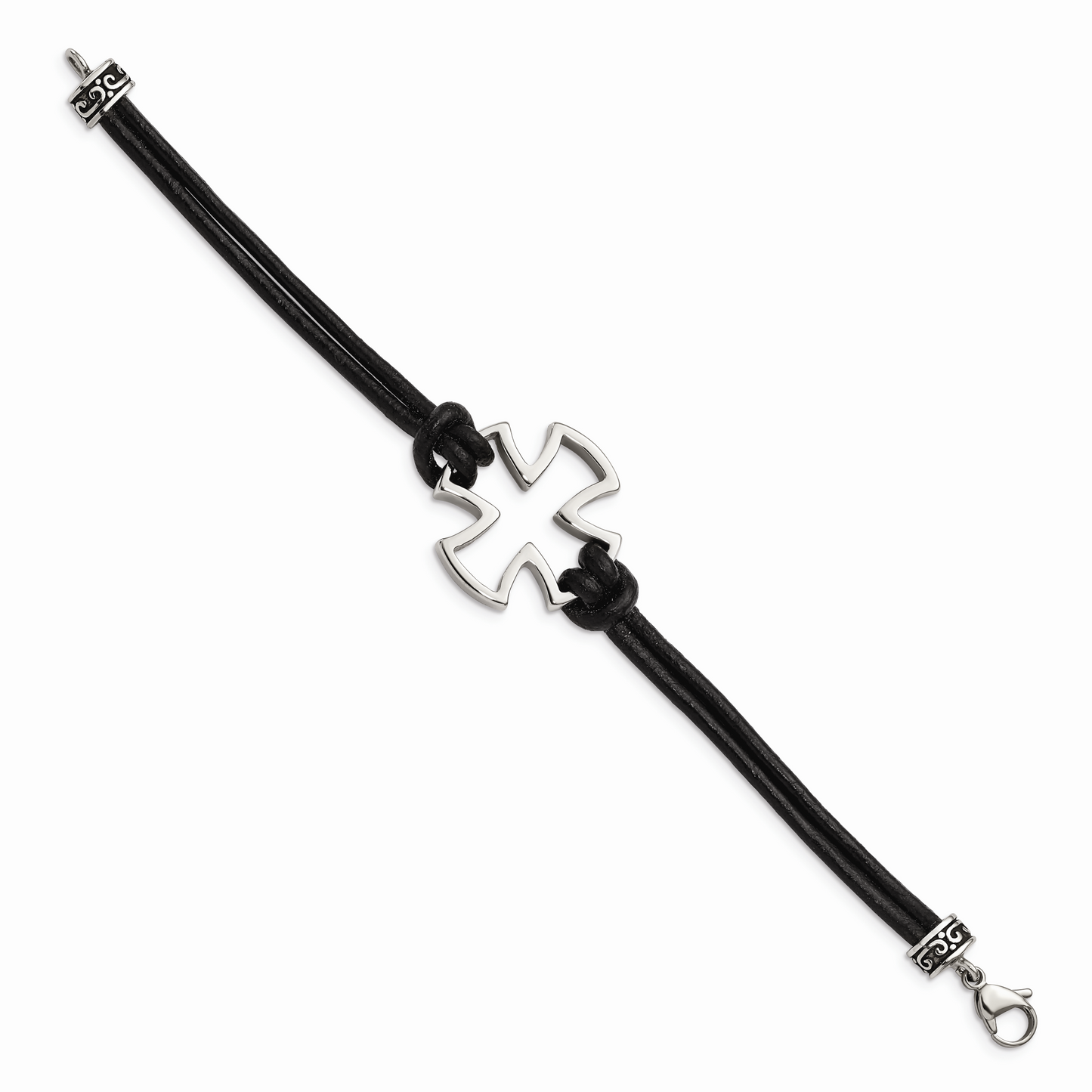 Chisel Brand Jewelry, Stainless Steel Polished Cross Black Leather Men's Bracelet