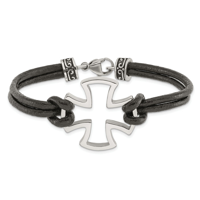 Chisel Brand Jewelry, Stainless Steel Polished Cross Black Leather Men's Bracelet