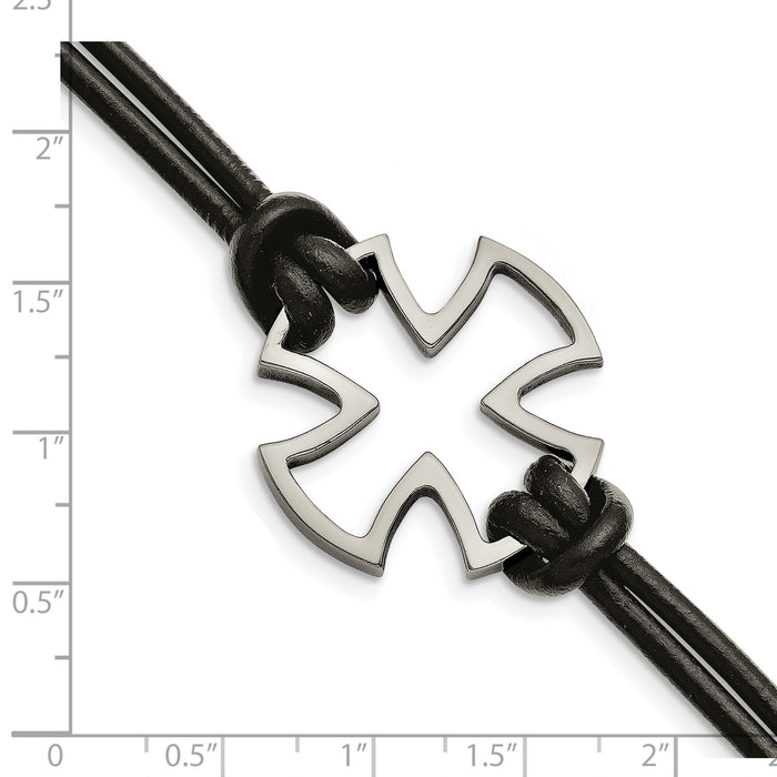 Chisel Brand Jewelry, Stainless Steel Polished Cross Black Leather Men's Bracelet