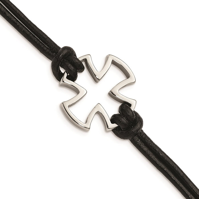 Chisel Brand Jewelry, Stainless Steel Polished Cross Black Leather Men's Bracelet