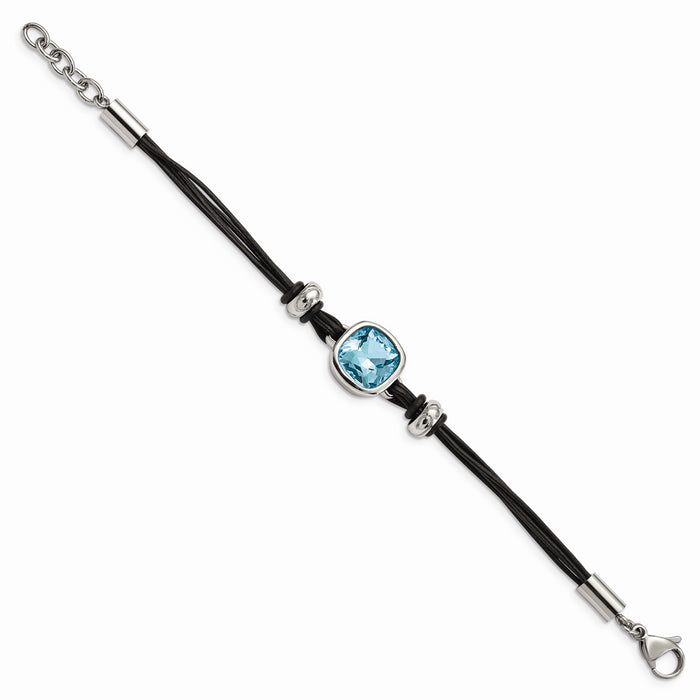 Chisel Brand Jewelry, Stainless Steel Polished Blue Glass Leather with 1in ext. Bracelet