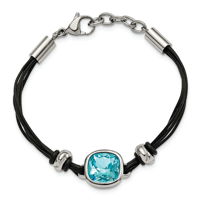 Chisel Brand Jewelry, Stainless Steel Polished Blue Glass Leather with 1in ext. Bracelet