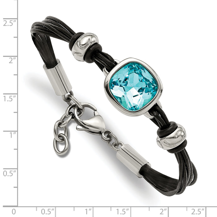 Chisel Brand Jewelry, Stainless Steel Polished Blue Glass Leather with 1in ext. Bracelet