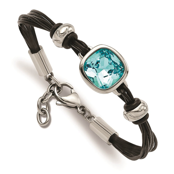 Chisel Brand Jewelry, Stainless Steel Polished Blue Glass Leather with 1in ext. Bracelet