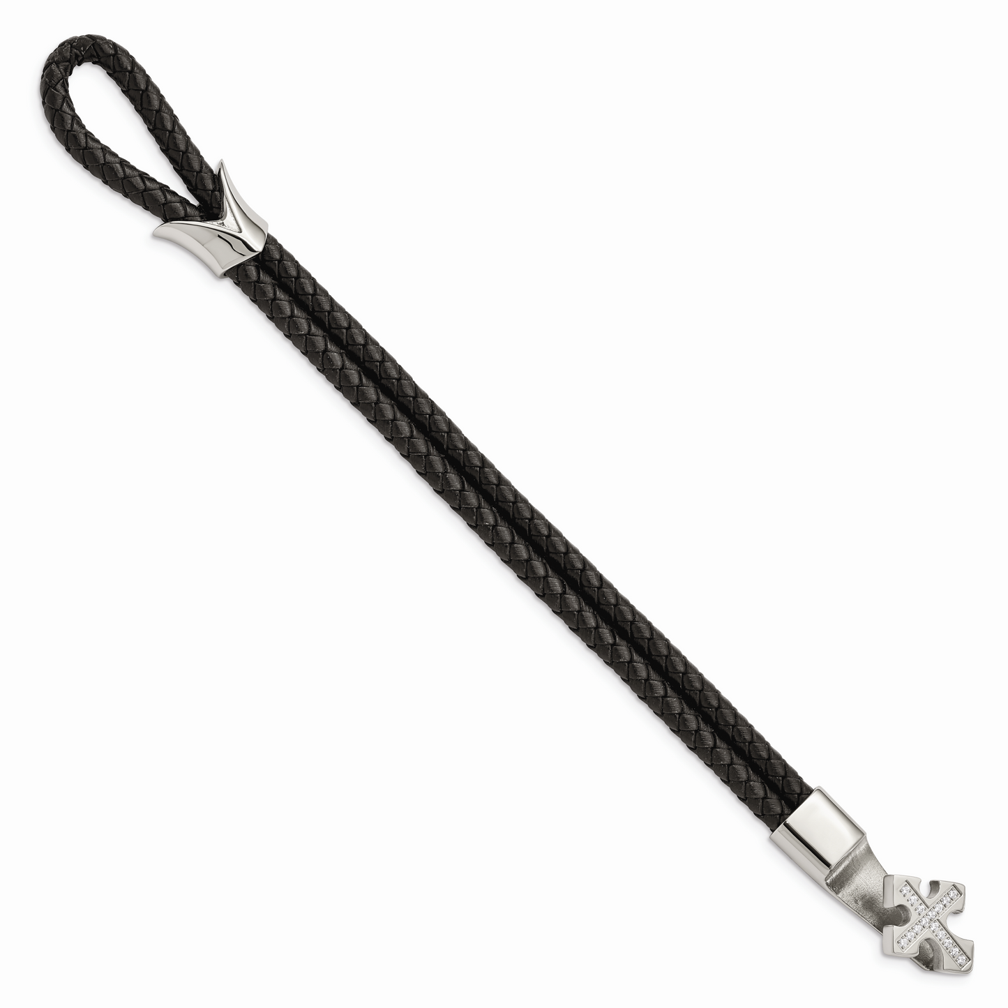 Chisel Brand Jewelry, Stainless Steel Polished CZ Cross Leather Bracelet