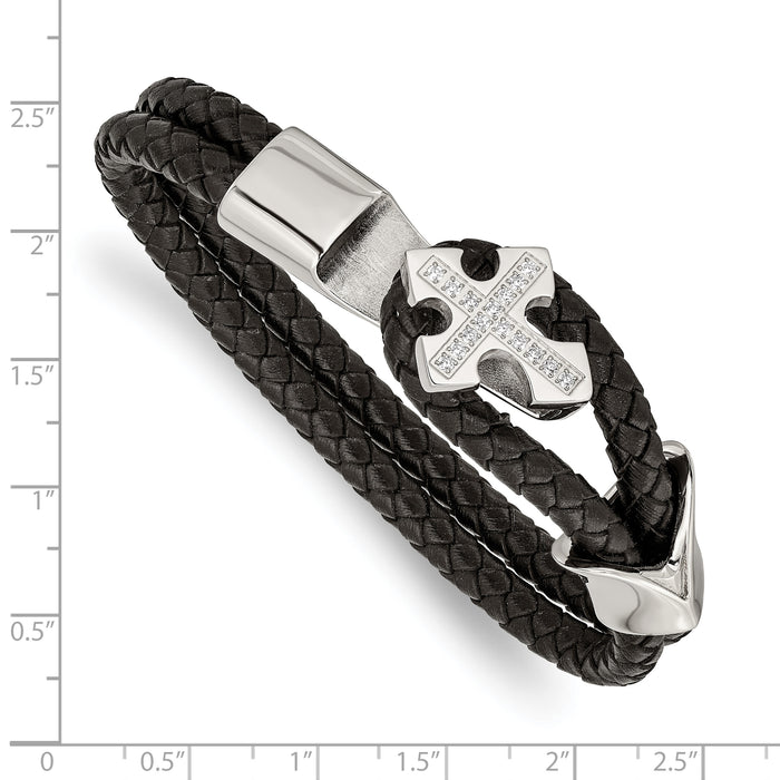 Chisel Brand Jewelry, Stainless Steel Polished CZ Cross Leather Bracelet