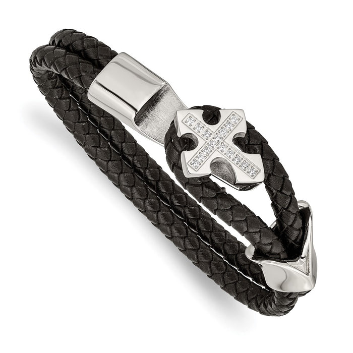 Chisel Brand Jewelry, Stainless Steel Polished CZ Cross Leather Bracelet
