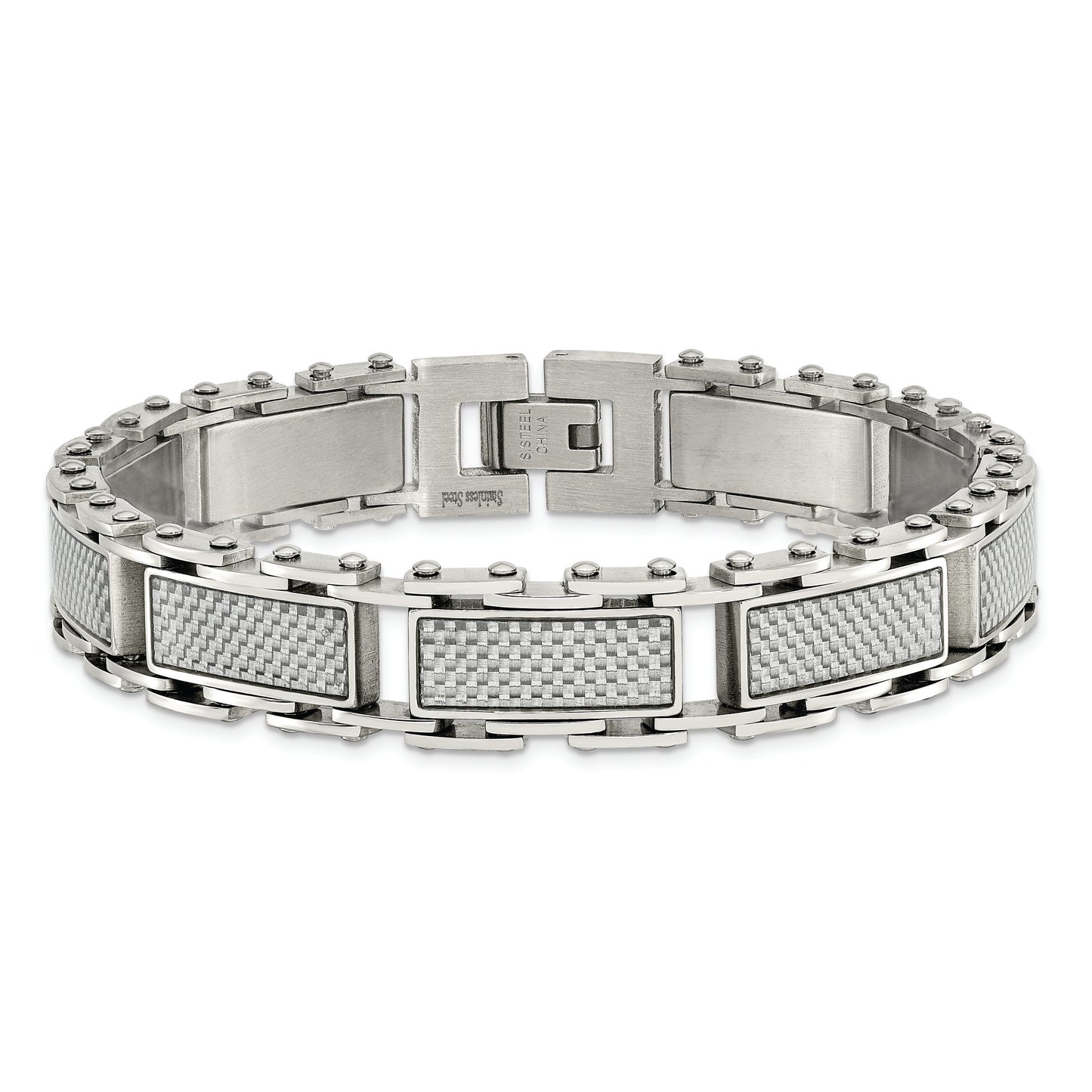 Chisel Brand Jewelry, Stainless Steel Grey Carbon Fiber Inlay Polished Men's Bracelet