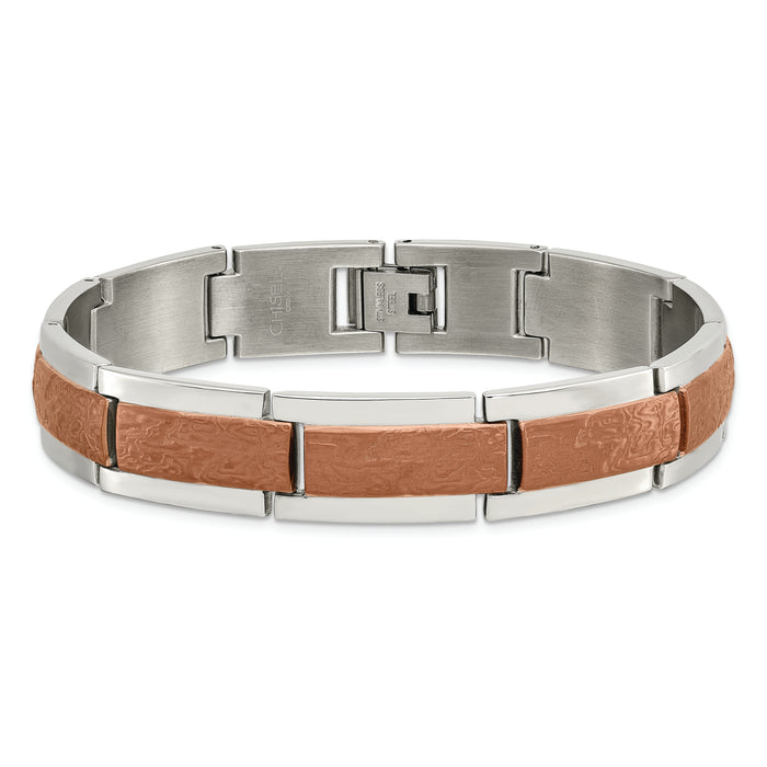 Chisel Brand Jewelry, Stainless Steel Polished and Textured Brown IP-plated Men's Bracelet