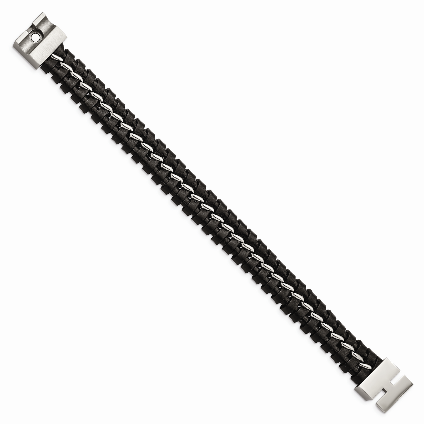 Chisel Brand Jewelry, Stainless Steel Black Leather Brushed and Polished Men's Bracelet