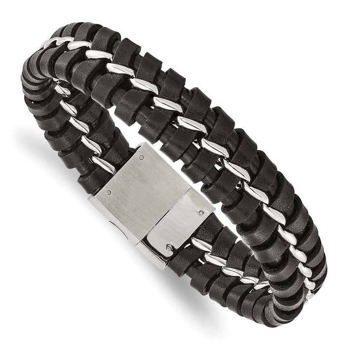 Chisel Brand Jewelry, Stainless Steel Black Leather Brushed and Polished Men's Bracelet