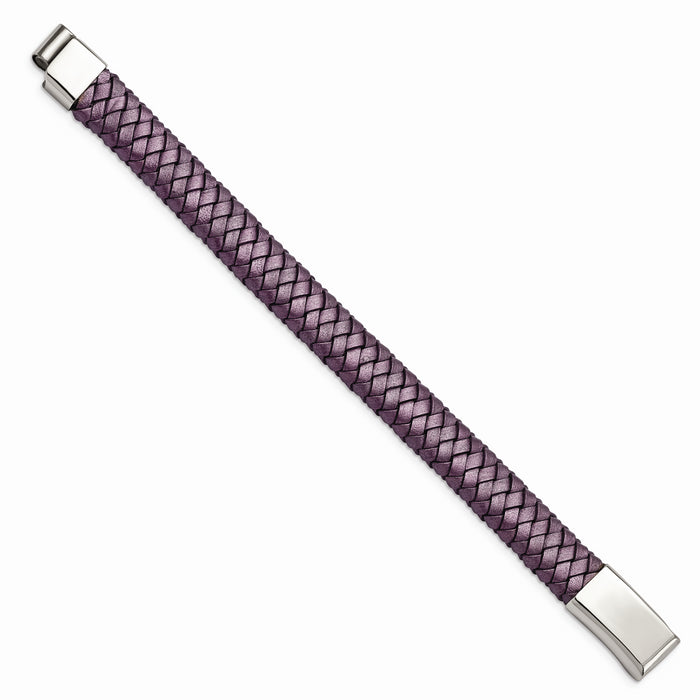 Chisel Brand Jewelry, Stainless Steel Polished Metallic Purple Woven Leather Bracelet