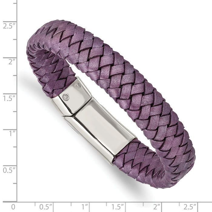 Chisel Brand Jewelry, Stainless Steel Polished Metallic Purple Woven Leather Bracelet