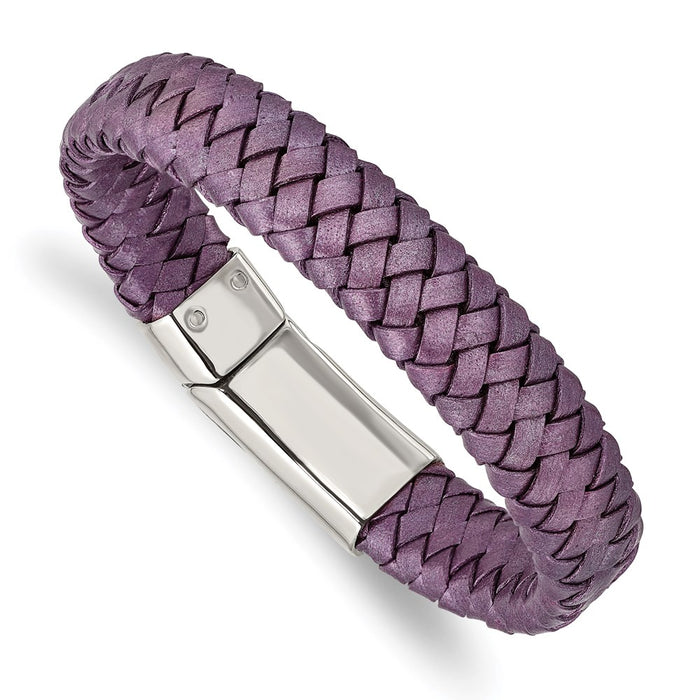 Chisel Brand Jewelry, Stainless Steel Polished Metallic Purple Woven Leather Bracelet