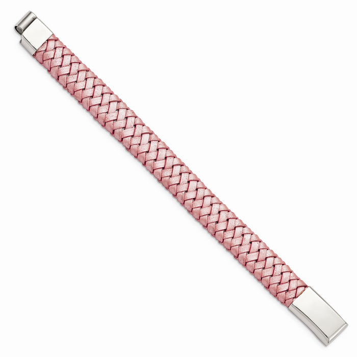 Chisel Brand Jewelry, Stainless Steel Polished Metallic Pink Woven Leather Bracelet