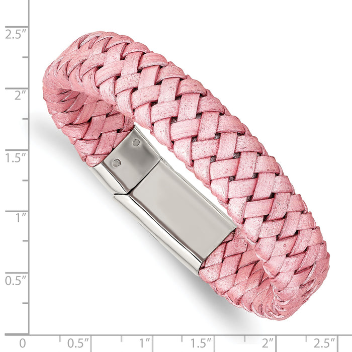 Chisel Brand Jewelry, Stainless Steel Polished Metallic Pink Woven Leather Bracelet