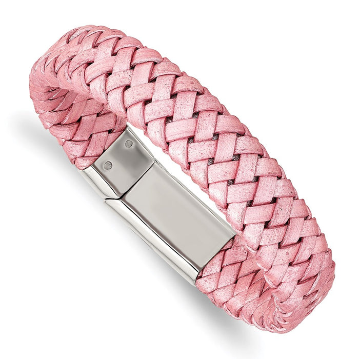 Chisel Brand Jewelry, Stainless Steel Polished Metallic Pink Woven Leather Bracelet